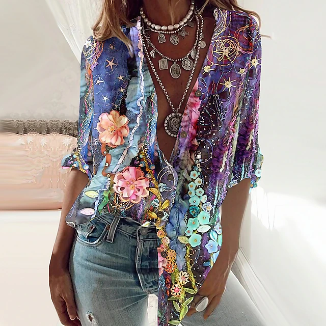 Women's Shirt Long Sleeve Button Down Blouse Basic Floral Buttons Print Long Tops V Neck Casual Holiday Purple Spring Fall4