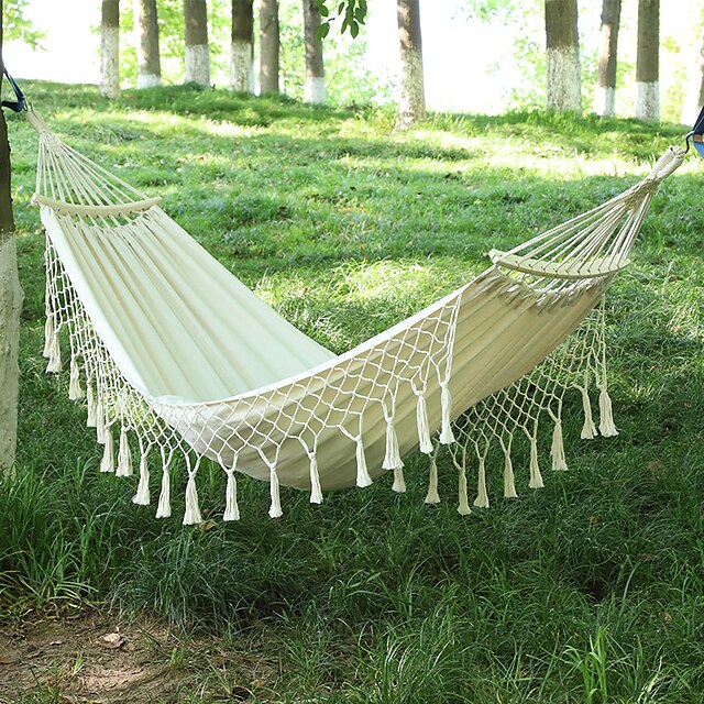  Camping Hammock Outdoor Fast Dry Decoration Adjustable Flexible Hemp Rope Pure Cotton with Carabiners and Tree Straps for 2 person White 200*150 cm with Hardwood Spreader Bars