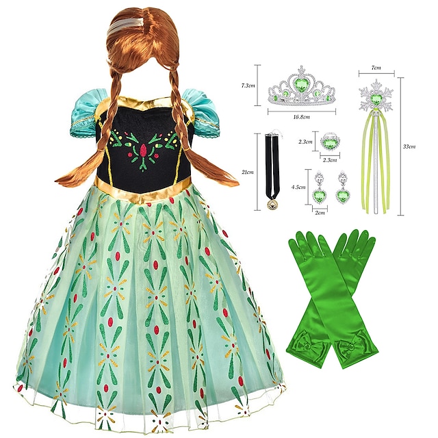  Frozen Fairytale Princess Anna Flower Girl Dress Theme Party Costume Tulle Dresses Girls' Movie Cosplay Cosplay Halloween  Green (With Accessories) Dress Carnival Masquerade World Book Day Costumes