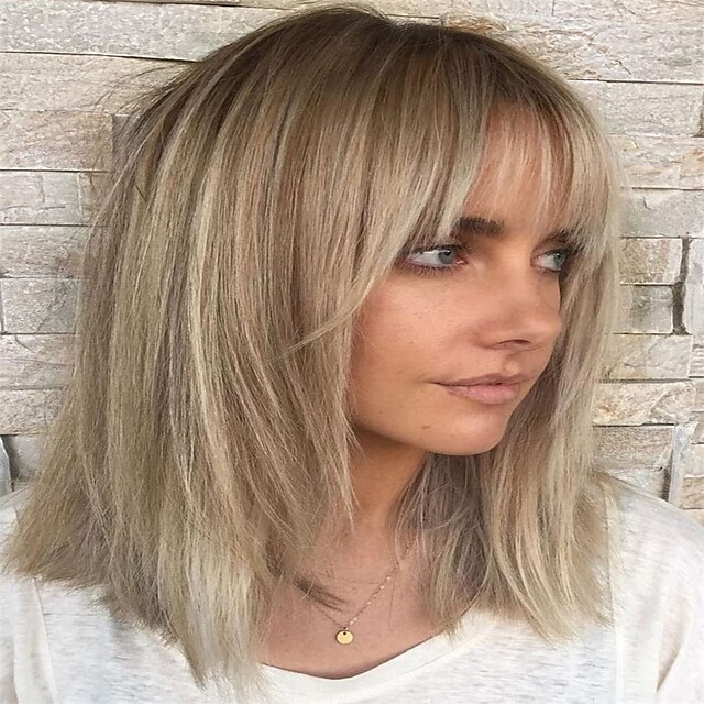  Short Ombre Blonde Wig with Bangs Layered Straight Bob Synthetic Wigs for Women Mixed Blond Wig with Dark Roots Natural Looking Daily Party Wig