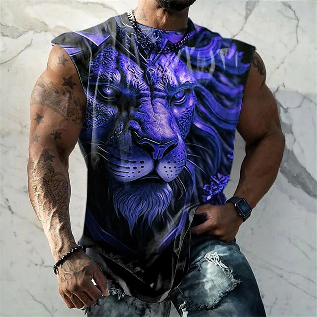  Men's Graphic Animal Vest Top Sleeveless T Shirt for Men Sleeveless T shirt 3D Print Crew Neck Shirt Fashion Designer Muscle Daily Sports Gym Blue Purple Brown Spring & Summer Clothing Apparel S M L