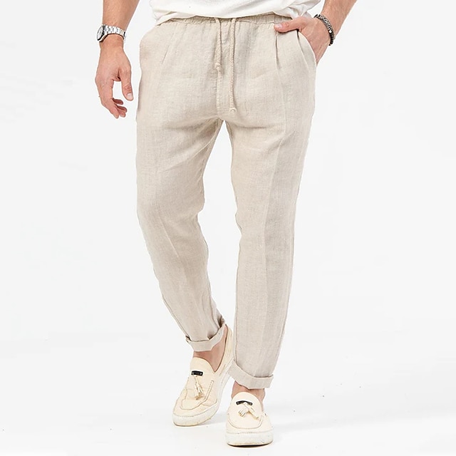 Men's Linen Pants Trousers Summer Pants Beach Pants Plain Drawstring ...