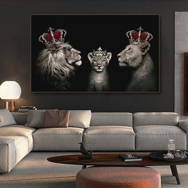  abstrakti mustavalkoinen leijonaperhe maalaa kruunuleijonat kangasjulisteita ja tulostaa kuvan moderniin olohuoneen sisustukseen