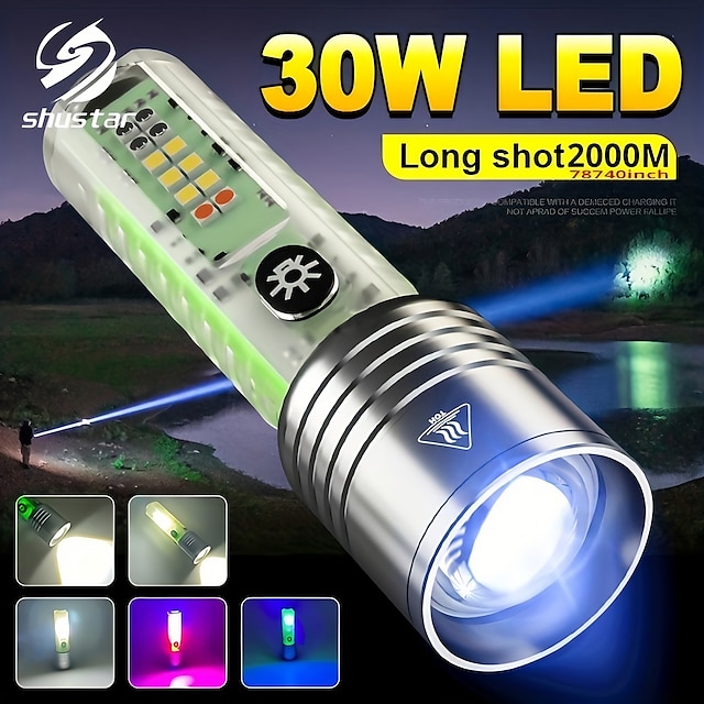  LED-Taschenlampe Outdoor-Campinglicht superhell mit weiß/rot/blau/lila Seitenlicht und starken Magneten 30W LED-Dochtbeleuchtung für 1500 Meter