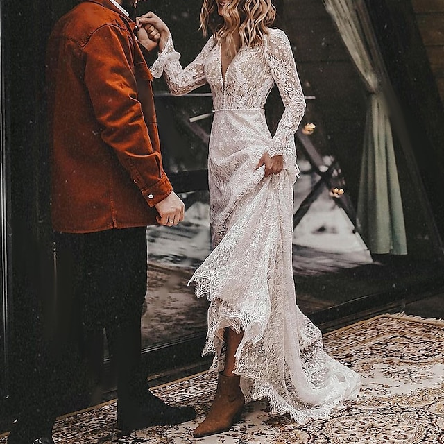  Strandhochzeit Strand Offene Rückseite Boho Hochzeitskleider A-Linie V-Neck Lange Ärmel Gerichtszug Spitze Brautkleider mit einfarbig