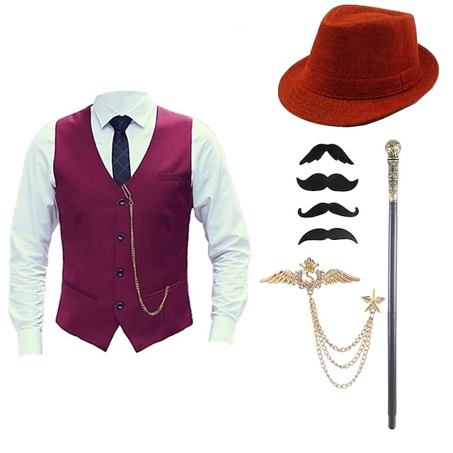  Mens 1920s Gangster Outfit Vest with Accessories Set 5 Pcs Retro Vintage Roaring 20s Theme Party Cosplay Costume Panama Hat Beard Brooch Cane