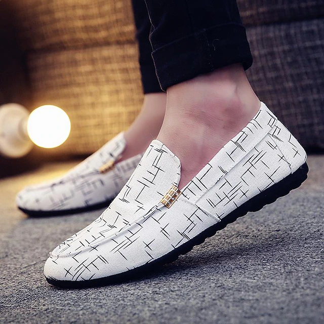 Men's White Printed Slip-On Loafers – Lightweight Casual Canvas Driving Shoes with Rubber Sole for Summer, Travel, and Daily Wear 9