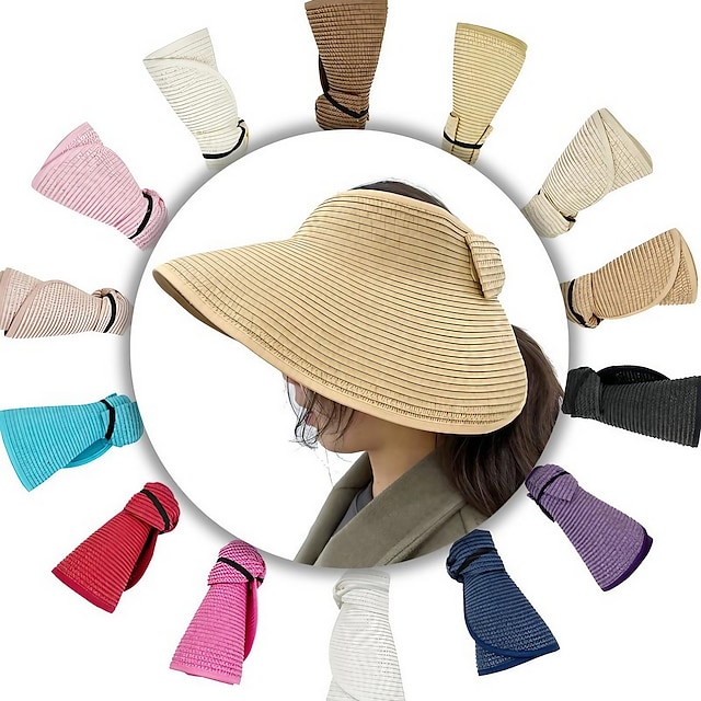  Summer Foldable Empty Straw Hat Portable Outdoor Sunscreen Big Edge Sunshade Anti-ultraviolet Bow Beach Hat