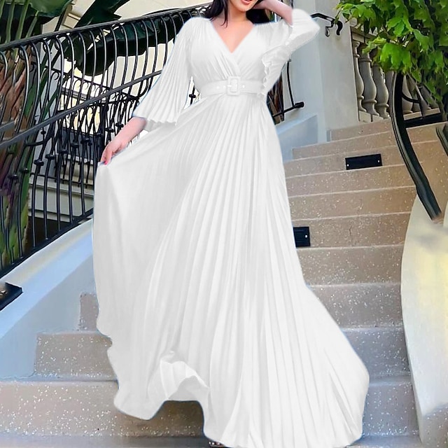  Robes de Fête A-Ligne Robe Volante Invité de Mariage Vacances Longueur De Sol Manches 3/4 Col en V Ceinture  Sash Chiffon avec Plis robe à impressionner