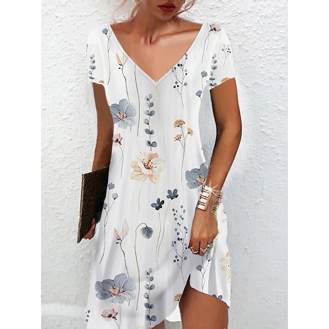  Women's Floral Print V Neck Mini Dress Daily Date Short Sleeve Summer Spring