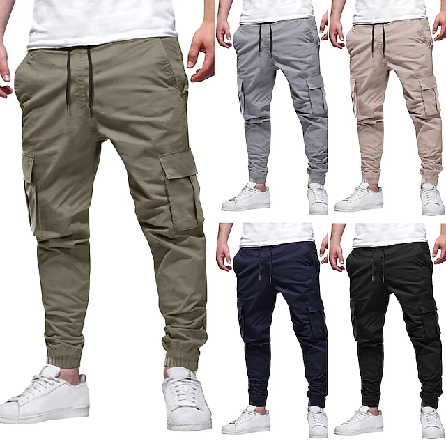 Men's Cargo Pants Cargo Trousers Drawstring Elastic Waist 6 Pocket Plain Comfort Wearable Casual Daily Holiday Sports Fashion Black Navy Blue 10