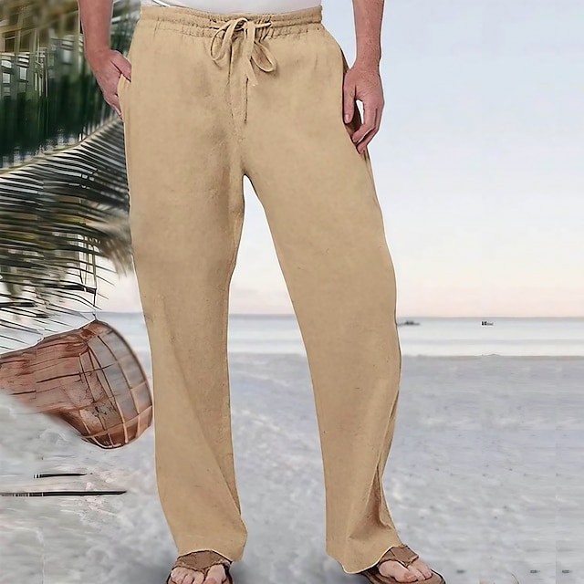  Men's Linen Pants Trousers Summer Pants Pocket Plain Comfort Breathable Outdoor Daily Going out Fashion Casual Black White