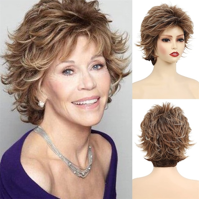  Short Brown Curly Wigs with Highlights Brown Mixed Blonde Short Pixie Cut Wigs for White Women Layered Shaggy Short Hair Synthetic Wigs Natural Looking