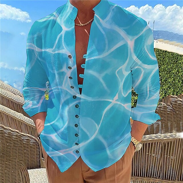Men's Gradient Waves Seascape Pattern Shirt Summer Hawaiian Shirt Aloha Shirt Long Sleeve Shirt Stand Collar Fashion Designer Casual Outdoor Vacation Street Yellow Red Blue S M L 6