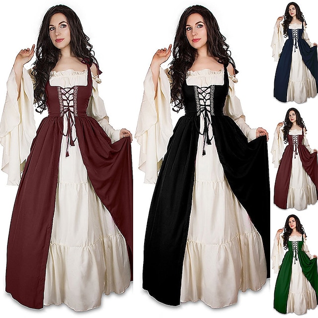  Retro Vintage Mittelalterlich Renaissance Kleid Chemise Überkleid Dame Vikinger Elfen Damen Casual Kleid