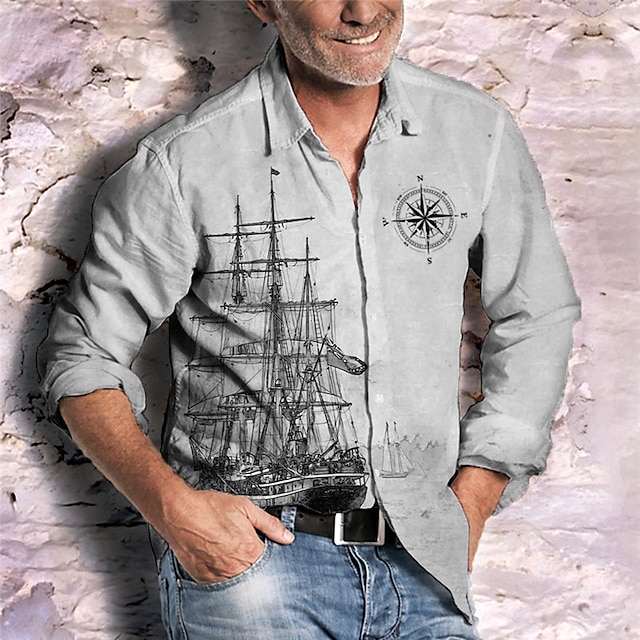  Herr Nautisk Årgång Segelbåt Skjorta Knapp upp skjorta Långärmad Vintage Mode Streetwear Utomhus Ledigt Dagligen Sommar Vår Höst Nedvikt Mönster Svart Blå Grön Kaki Grå