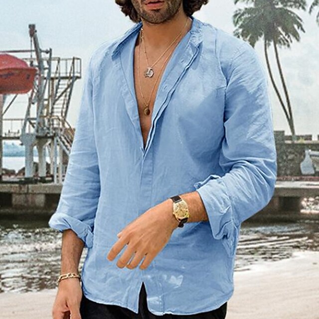  Men's Linen Shirt Button Up Shirt Casual Shirt Summer Shirt Beach Shirt Black Pink Blue Plain Long Sleeve Spring & Summer Collar Outdoor Holiday Clothing Apparel