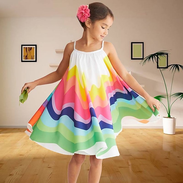  Παιδιά Νήπιο Λίγο Κοριτσίστικα Φόρεμα Φλοράλ Κουρελού Φόρεμα για τον ήλιο Ουράνιο Τόξο Ως το Γόνατο Αμάνικο χαριτωμένο στυλ Γλυκός Φορέματα Η Μέρα των Παιδιών Κανονικό