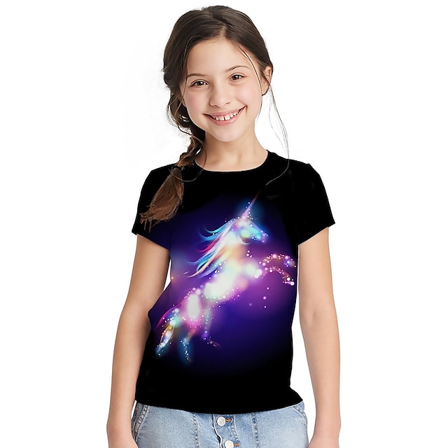  Børn Pige T-shirt Grafisk udendørs 3D-udskrivning Kortærmet Crewneck Aktiv 7-13 år Sommer Sort Lilla