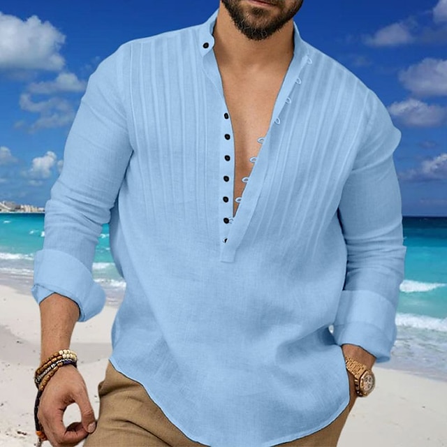  Men's Shirt Casual Shirt Summer Shirt Black White Pink Navy Blue Blue Plain Long Sleeve Henley Daily Vacation Pleats Clothing Apparel Fashion Designer Casual Comfortable
