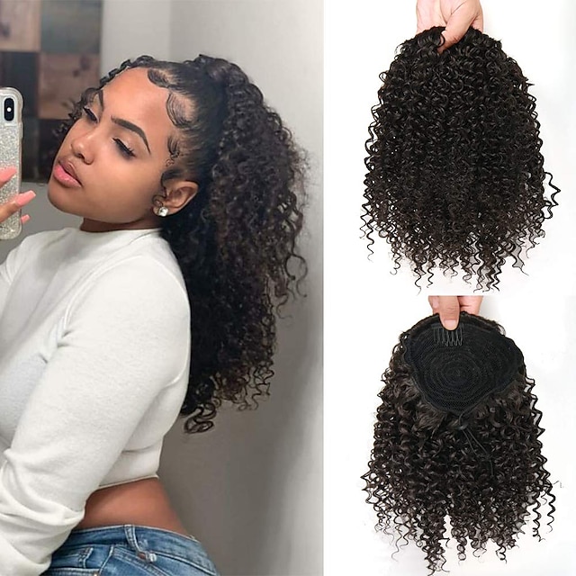  Short Afro Kinky Curly Ponytail Hair Piece for African American Ponytail Extension Synthetic Afro Kinky Curly Ponytail for Women