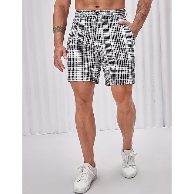  Men's Shorts Chino Shorts Bermuda shorts Plaid Pocket Comfort Breathable Cotton Blend Outdoor Daily Going out Casual Black-White Black