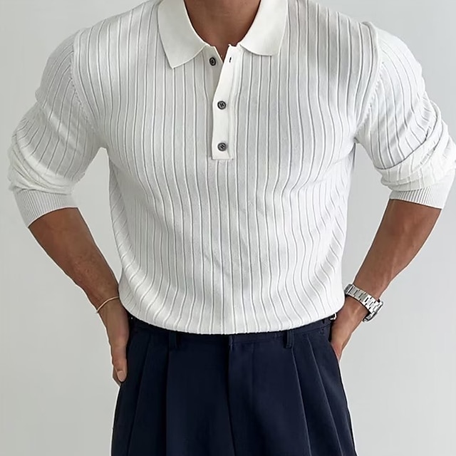  Voor heren gebreide polo Casual Feestdagen Revers Knoop Lange mouw Modieus Modern Effen nappi Zomer Zwart Wit Bruin gebreide polo