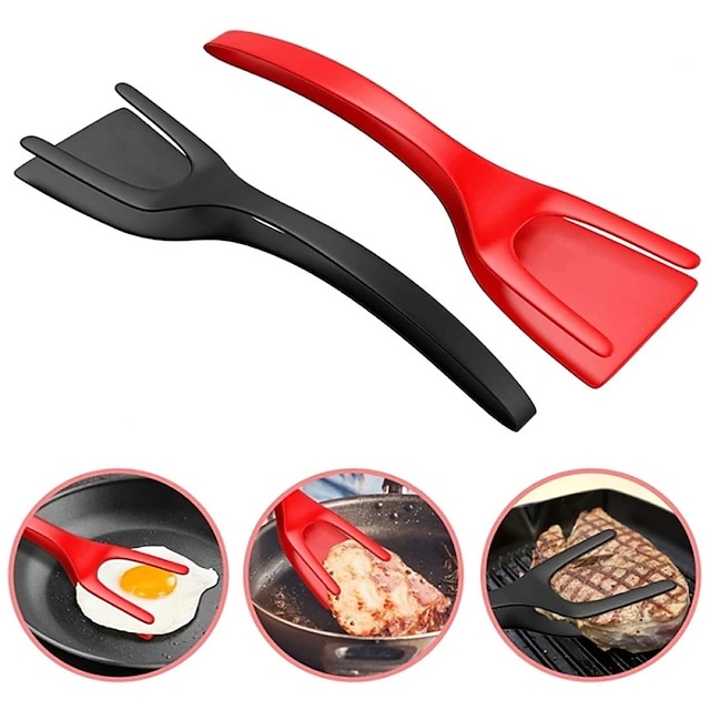  2 In 1 Non-Stick Food Clip Tongs Multifunctional Fried Egg Cooking Pancake Spatula Barbecue Omelet Kitchen Clamp Cocina