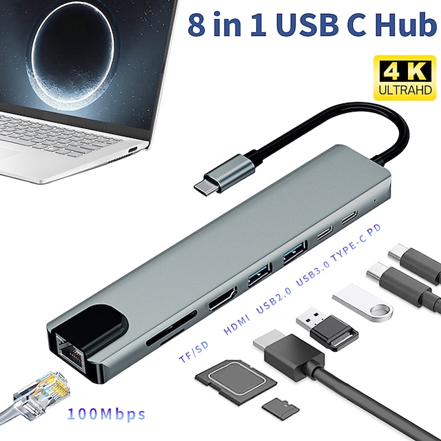  USB Type C Docking Station USB C Hub 3.0 Adapter 8 in 1 HDMI SD/TF Card Reader for Macbook Air iPad Laptop Computer Peripherals