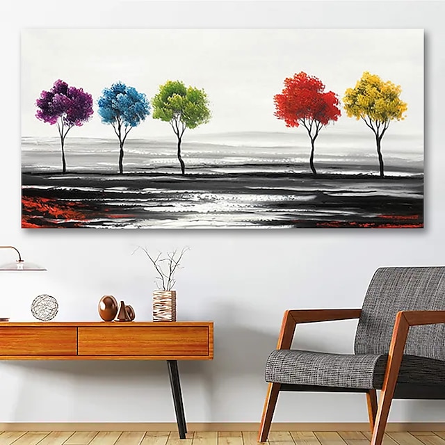  يدويا النفط الطلاء رسمت باليد جدار الفن المناظر الطبيعية الأشجار السماء الزهور النبات ديكور المنزل إطار ممتد جاهز للتعليق