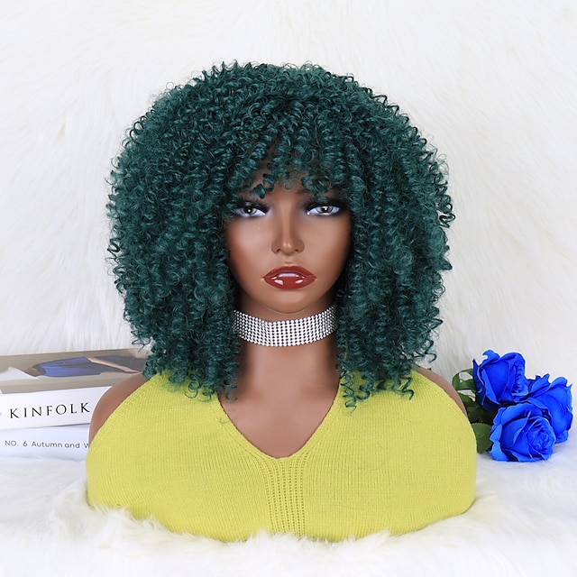  Synthetic Wig Deep Curly Afro Curly Neat Bang Machine Made Wig 12 inch fluorescent green Black / Dark Green Synthetic Hair Women's Soft Adjustable Classic Green