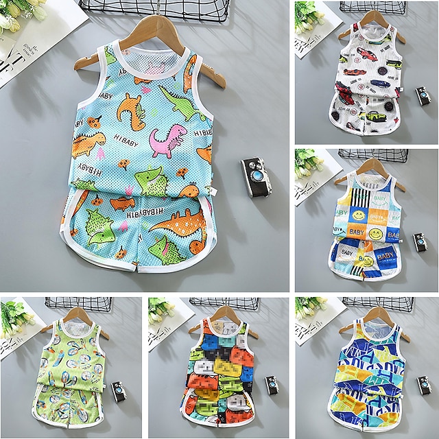  2 Pieces Toddler Boys Tank & Shorts Outfit Animal Cartoon Sleeveless Cotton Set Outdoor Fashion Daily Summer Spring 3-7 Years Blue dinosaur feather car