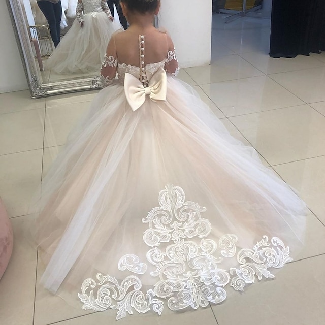  Enfants Fille Robe de demoiselle d'honneur Robe de fête Couleur unie manche longue Utilisation Mariage Soirée Maille Princesse Doux Maille Mi-mollet Robe Fourreau Robe en Tulle Eté Printemps Automne