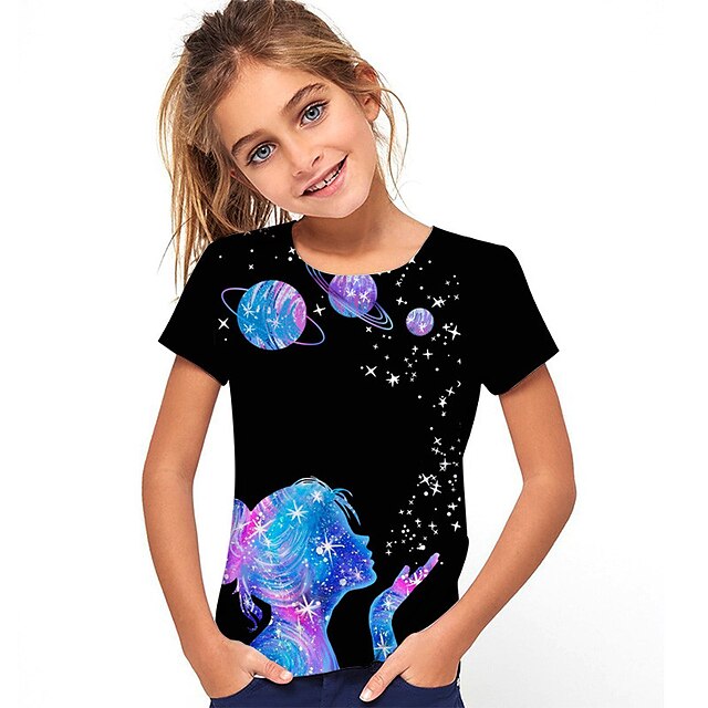  Παιδιά Κοριτσίστικα Κοντομάνικη μπλούζα Γραφική ΕΞΩΤΕΡΙΚΟΥ ΧΩΡΟΥ 3D εκτύπωση Κοντομάνικο Λαιμόκοψη Ενεργό 7-13 ετών Καλοκαίρι Θαλασσί Βυσσινί