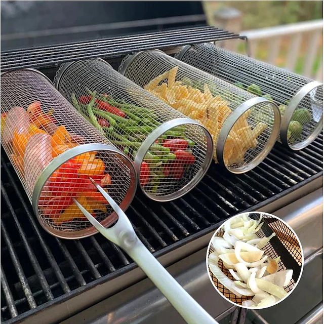 Rolling Grill Basket - SUS304 Stainless Steel Barbecue Cooking Grill Grate - Outdoor Round BBQ Campfire Grill Grid - Camping Picnic Cookware 16