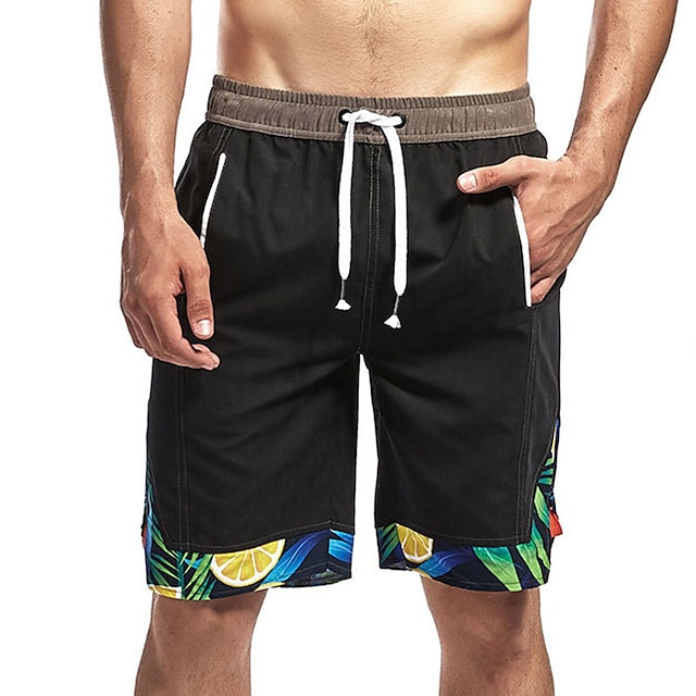  Men's Swimwear Swim Shorts Swim Trunks Shorts Print Plants Comfort Breathable Outdoor Daily Going out Hawaiian Casual Black Blue