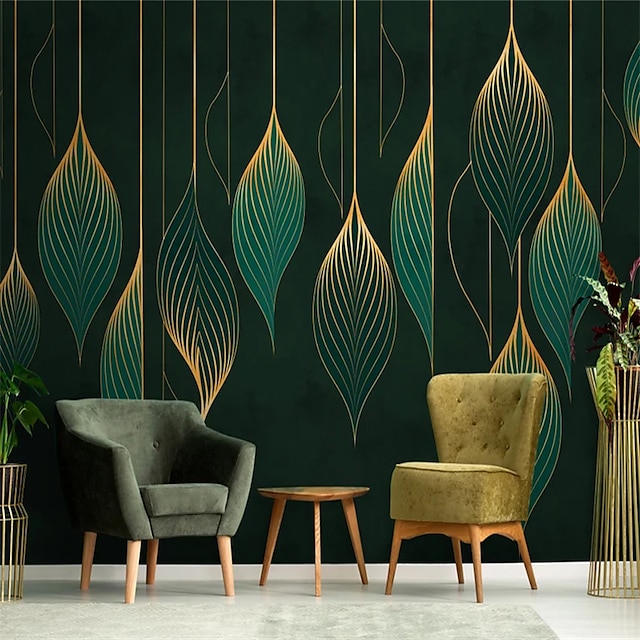  Cool Wallpapers Green Wallpaper Wall Mural Elegant Lines Covering Sticker Peel Stick Removable PVC/Vinyl Material Self Adhesive/Adhesive Required Wall Decor for Living Room Kitchen Bathroom