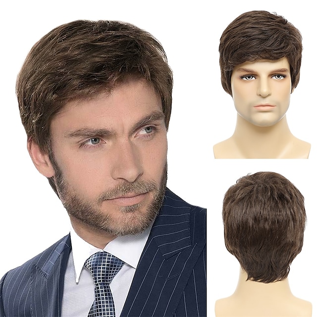  Men's Wigs Short Mens Brown Wig Layered Natural Hair Costume Halloween Heat Resistant Synthetic Wigs for Men Male