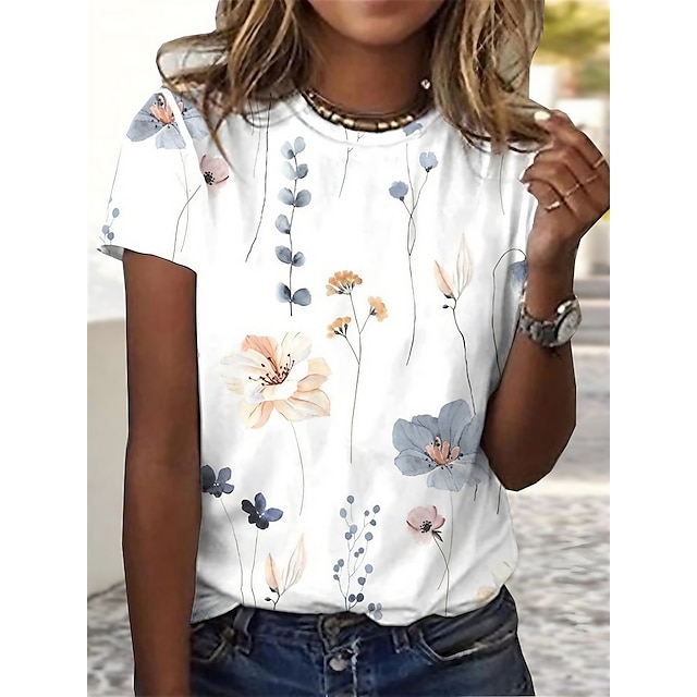  Women's T shirt Tee Black White Blue Print Floral Holiday Weekend Short Sleeve Round Neck Basic Regular Floral Painting S