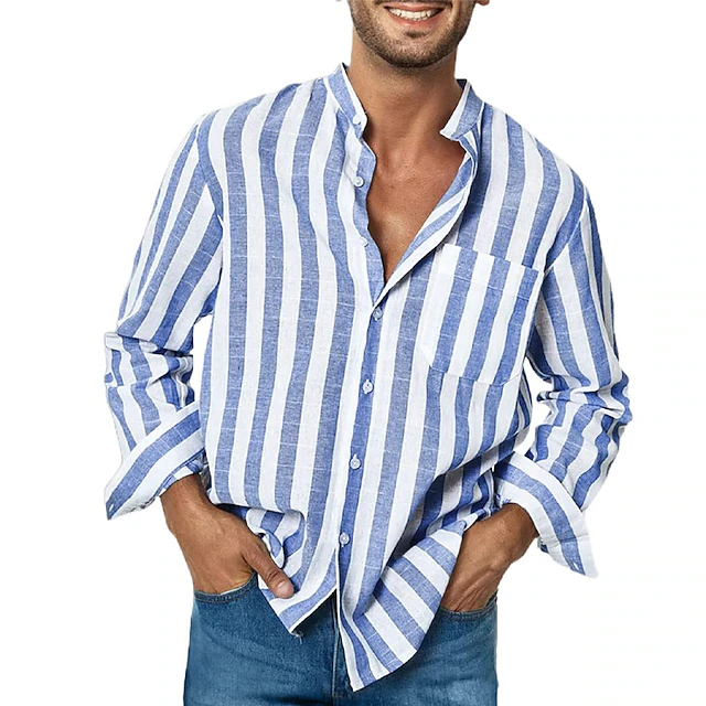 Men's Shirt Summer Shirt Casual Shirt Beach Shirt Button Up Shirt Striped Shirts Black Red Blue Green Gray Long Sleeve Striped Grandad Collar Collar Vacation Daily Print Clothing Apparel Polyester 12