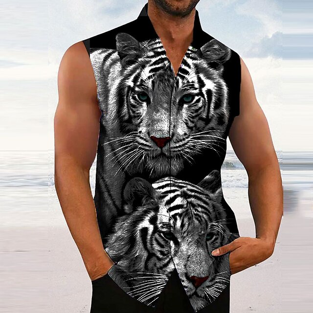 Men's Linen Shirt Shirt Animal Tiger Graphic Prints Turndown Black Outdoor Street Sleeveless