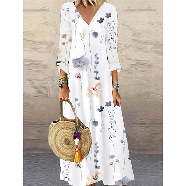  Women's Casual Dress Print Dress Spring Dress Long Dress Maxi Dress Fashion Streetwear Floral Print Outdoor Daily Vacation V Neck 3/4 Length Sleeve Dress Loose Fit Light Pink White Yellow Summer