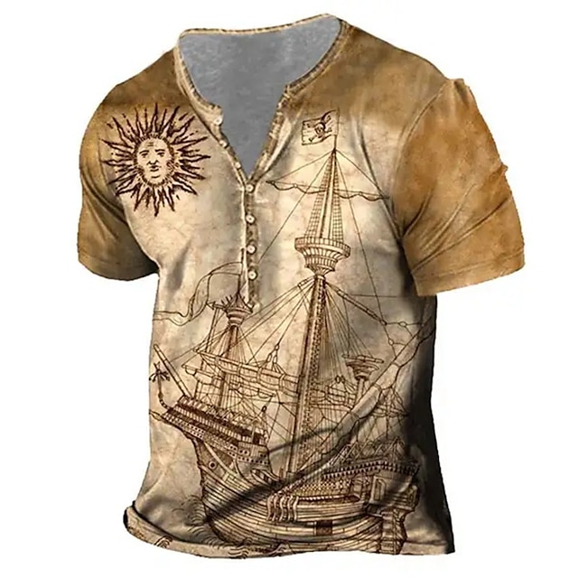 Men's Henley Shirt Graphic Ship Henley Clothing Apparel 3D Print ...