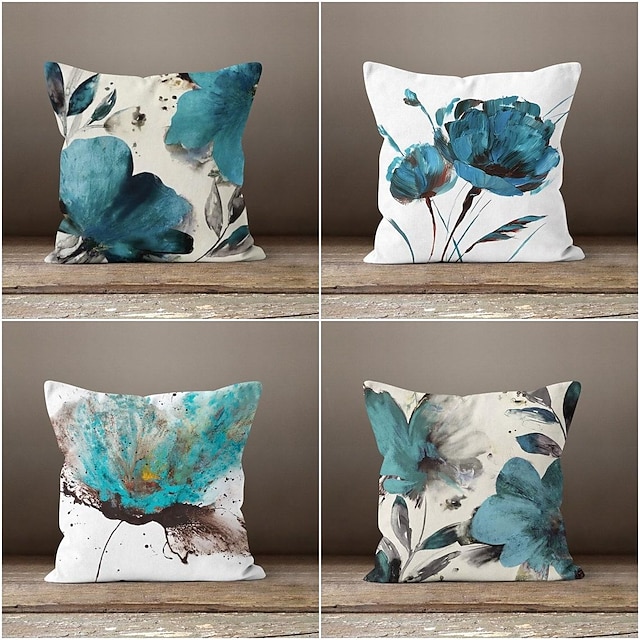  Turquoise Floral Double Side Pillow Cover 4PC Soft Decorative Square Cushion Case Pillowcase for Bedroom Livingroom Sofa Couch Chair