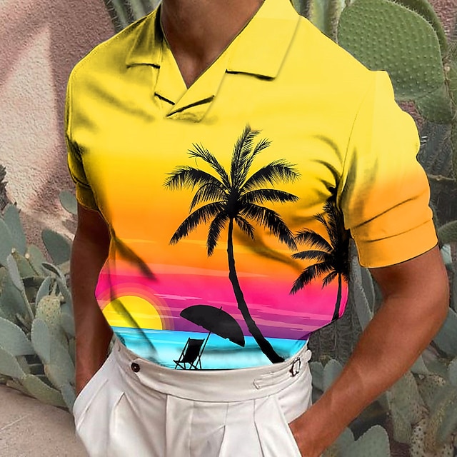  Hombre POLO polo hawaiano Camiseta de golf Árbol de coco Estampados Ocaso Collar Cubano Amarillo Azul Piscina Morado Naranja Verde Trébol Exterior Calle Mangas cortas Estampado Ropa Moda Design
