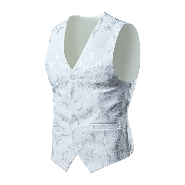  Homme Gilet Usage quotidien Sortie Festival Entreprise basique Printemps & Automne Poche Lin Respirable Doux Confortable Imprimé Boutonnage Simple Col V Standard Blanc / Blanc Noir Gilet