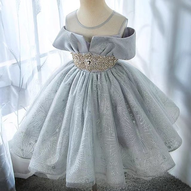  Παιδιά Κοριτσίστικα Φόρεμα για πάρτυ Συμπαγές Χρώμα Κοντομάνικο Επίδοση Γάμου Δίχτυ Φουσκωτό Μανίκι Πριγκίπισσα Γλυκός Δίχτυ Μέχρι τη μέση της γάμπας