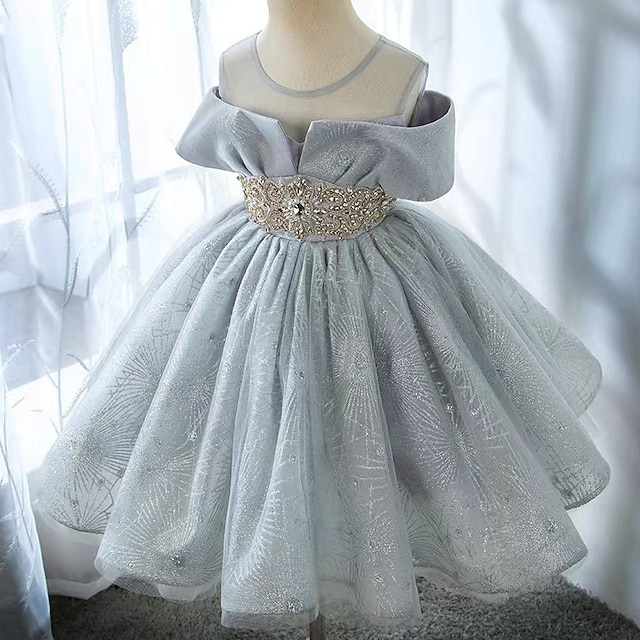  Kids Girls' Party Dress Solid Color Short Sleeve Performance Wedding Mesh Puff Sleeve Princess Sweet Mesh Mid-Calf Sheath Dress Tulle Dress Flower Girl's Dress Summer Spring Fall 2-12 Years Silver