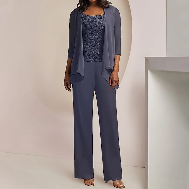  Jumpsuit  Pantalon 3-delige Moeder van de Bruid Formeel Bruids Gast Elegant Vintage Scoop Hals Enkel Lengte Chiffon Kant Mouwloos 3/4 Lengte Mouw met Applicaties vrije maat