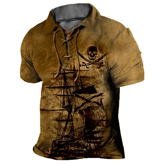 Men's Skull Graphic Prints Vintage Sailboat Polo Shirt Golf Shirt Short Sleeve Shirt Turndown Outdoor Street Blue Green Khaki Gray Drawstring Print Clothing Apparel Sports Fashion Streetwear Designer 5